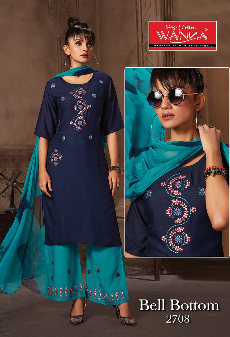 Wanna Launch Bell Bottom Rayon With Embroidery Work Designer Long Straight Fancy Kurtis