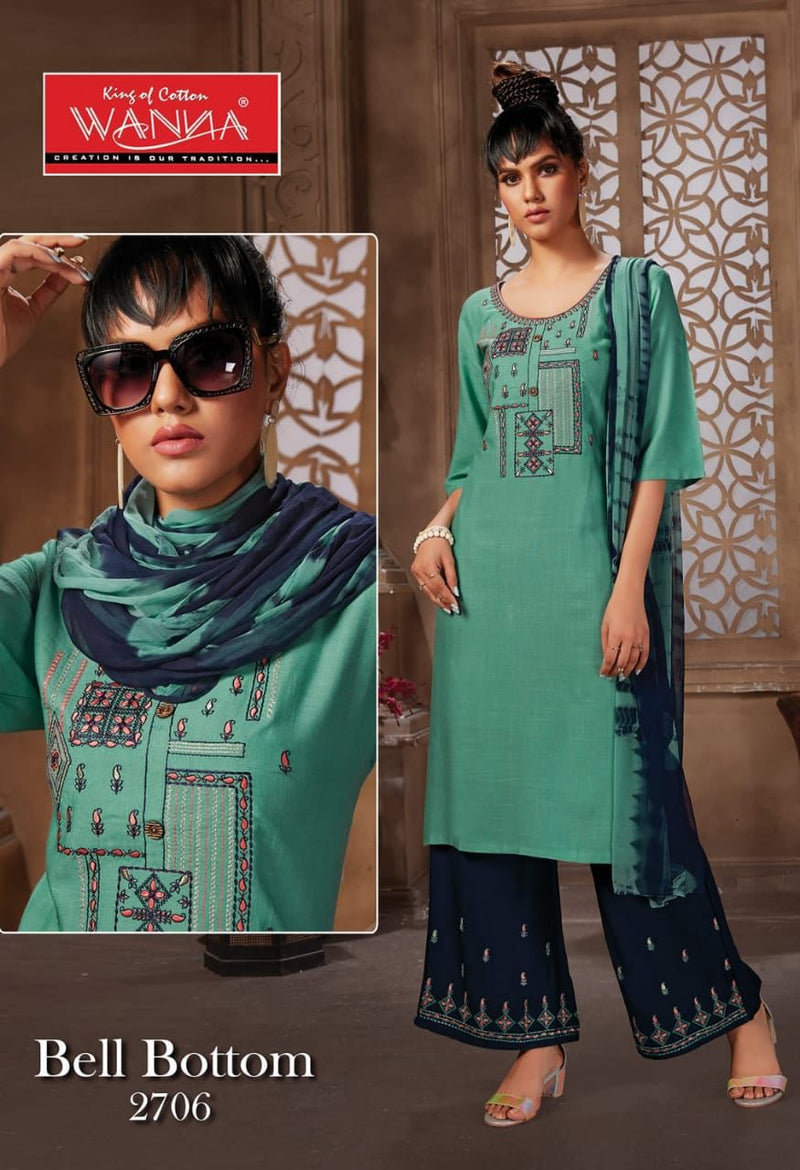 Wanna Launch Bell Bottom Rayon With Embroidery Work Designer Long Straight Fancy Kurtis