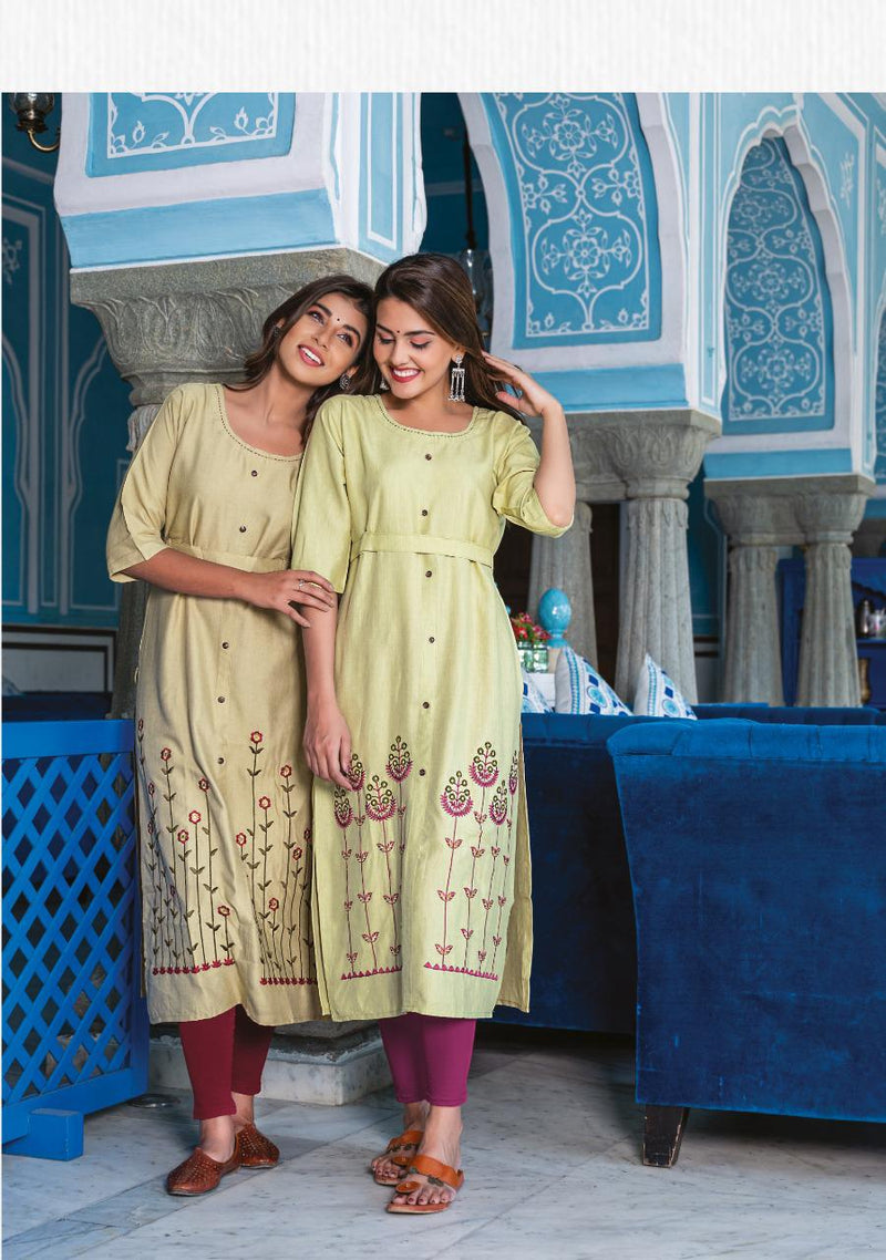 Wanna Olive Heavy Rayon With Heavy Embroidery Work Long Straight Casual Wear Fancy Kurtis
