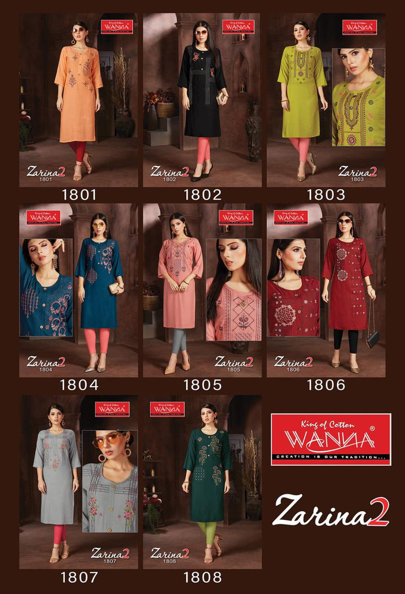 Wanna Zarina Vol 2 Fancy Rayon Embroidery Work Designer Casual Wear Long Straight Kurtis