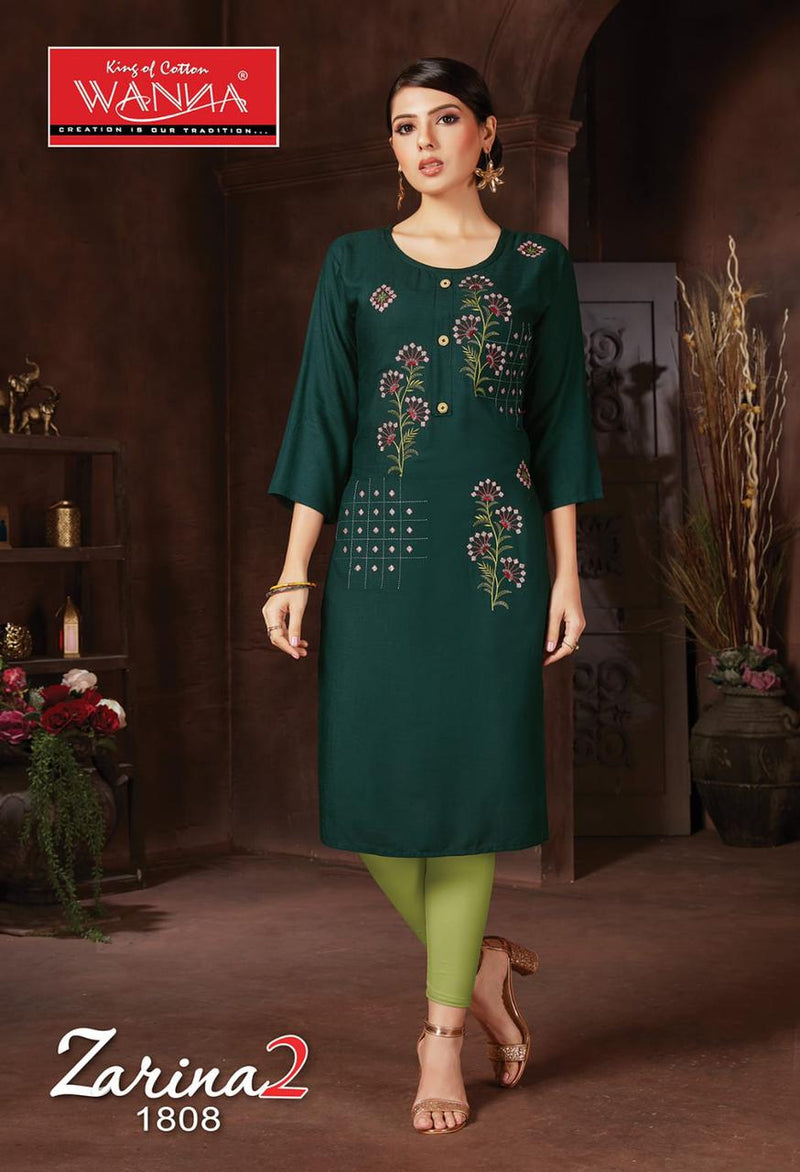 Wanna Zarina Vol 2 Fancy Rayon Embroidery Work Designer Casual Wear Long Straight Kurtis