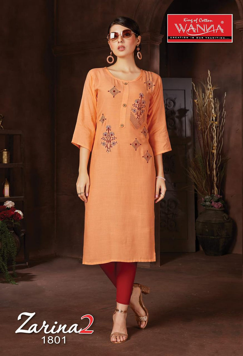 Wanna Zarina Vol 2 Fancy Rayon Embroidery Work Designer Casual Wear Long Straight Kurtis