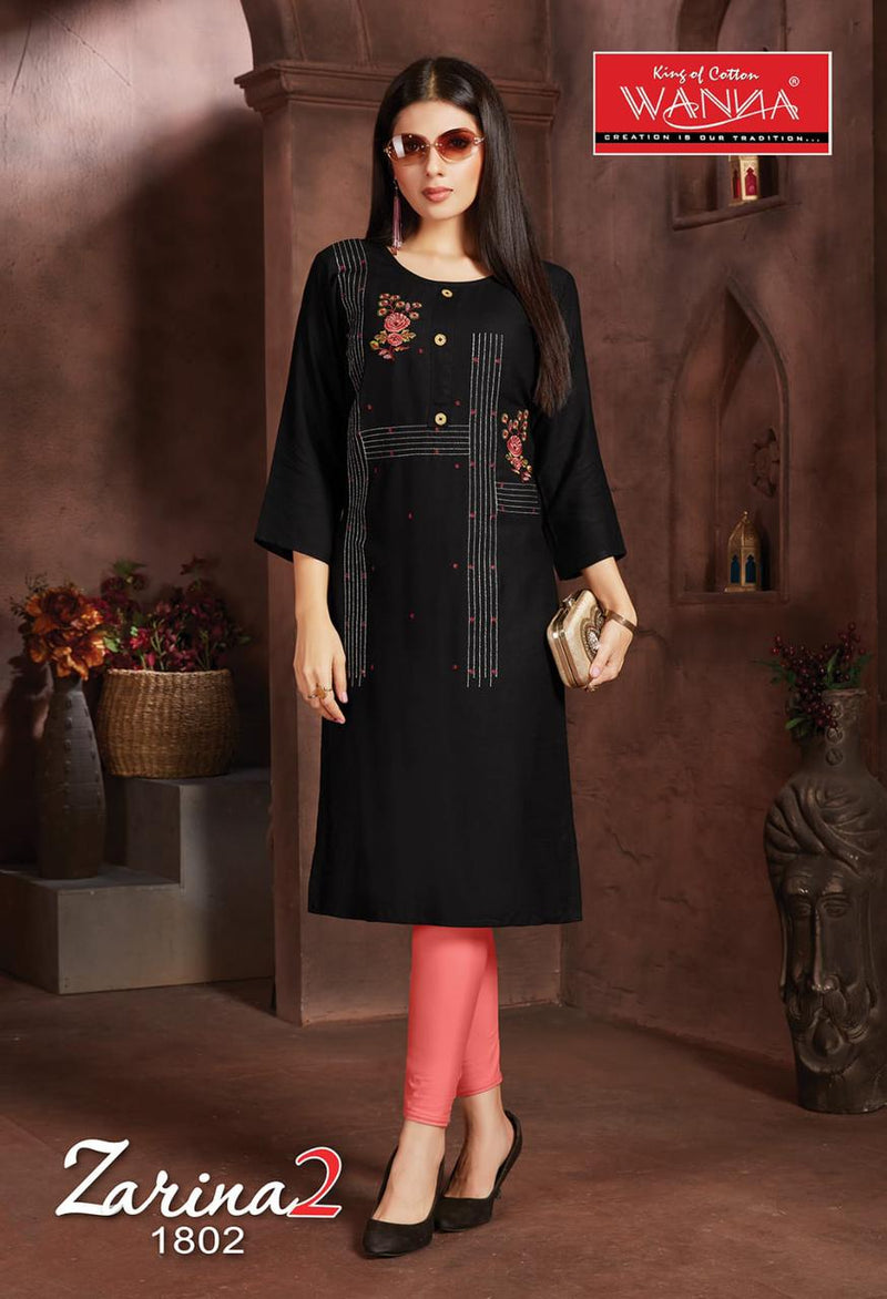 Wanna Zarina Vol 2 Fancy Rayon Embroidery Work Designer Casual Wear Long Straight Kurtis