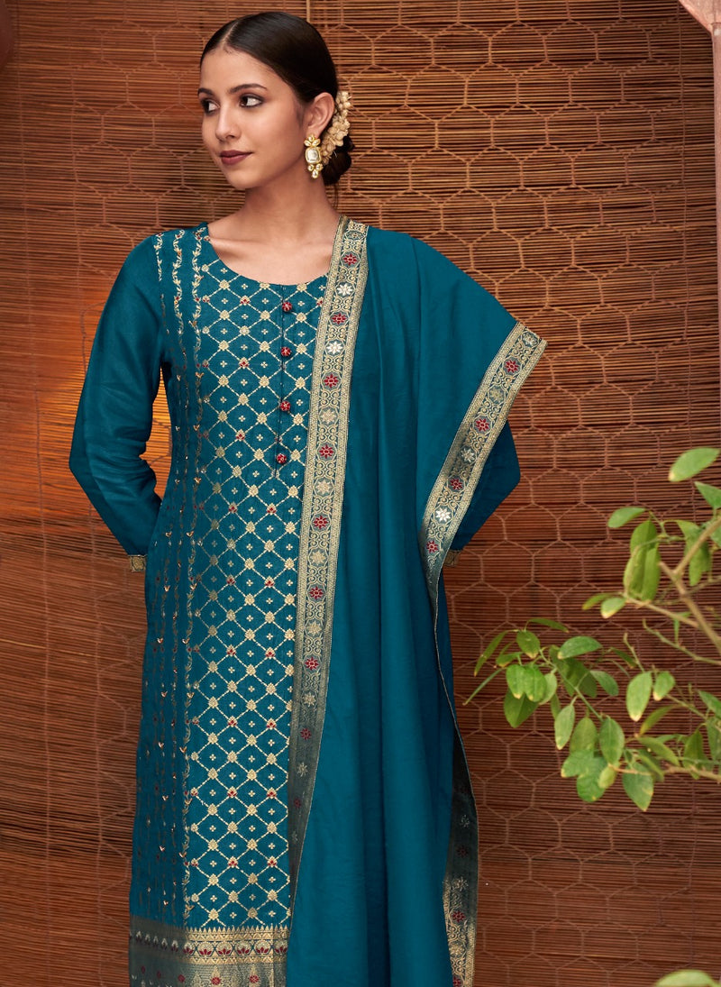 Four Buttons Banaras Silk Stylish Designer Fancy Party Wear Kurti