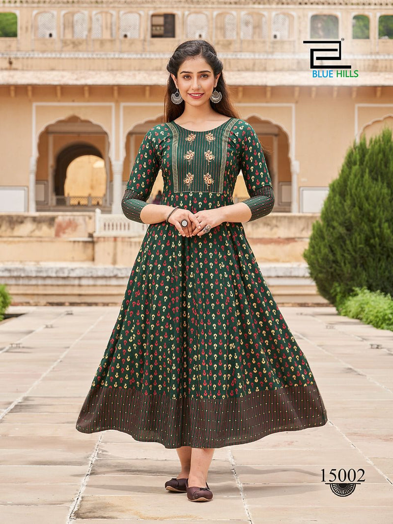 Blue Hills Up To Date Rayon With Embroidery Work Stylish Designer Fancy Long Kurti