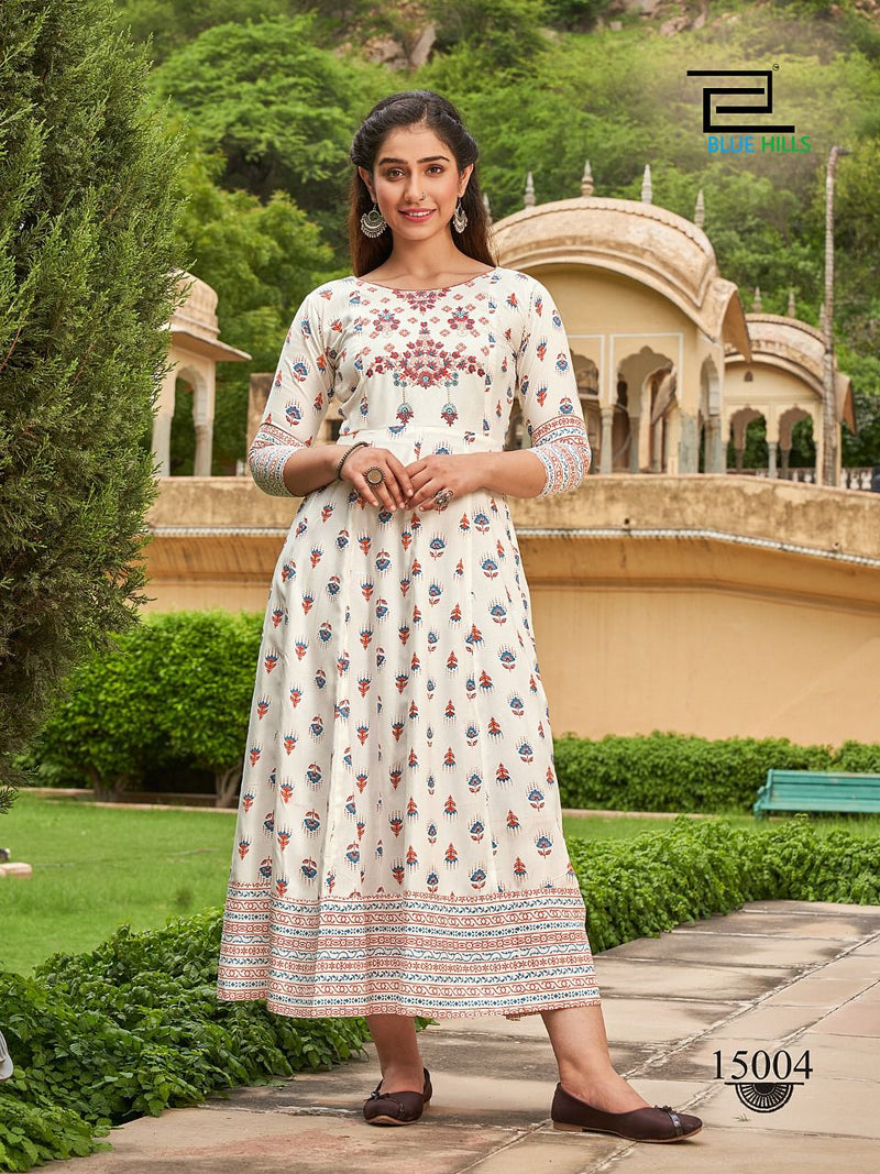 Blue Hills Up To Date Rayon With Embroidery Work Stylish Designer Fancy Long Kurti