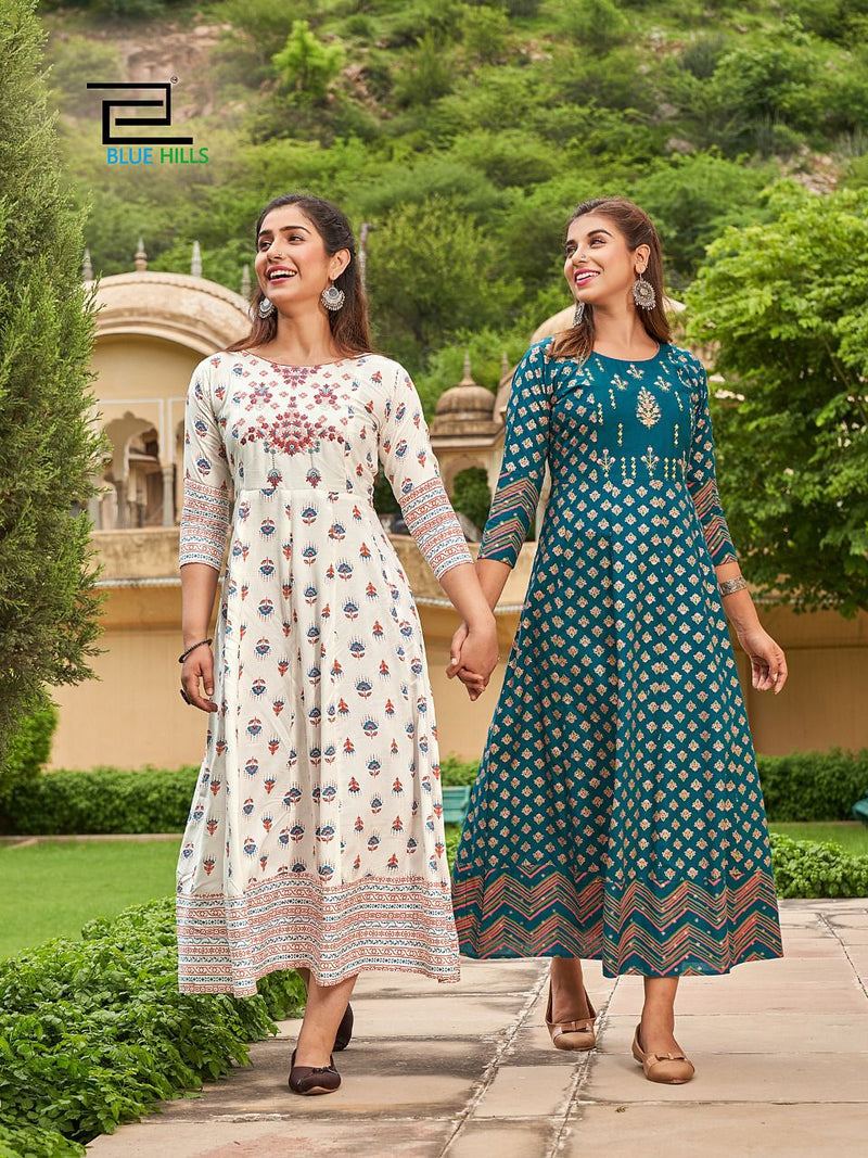 Blue Hills Up To Date Rayon With Embroidery Work Stylish Designer Fancy Long Kurti