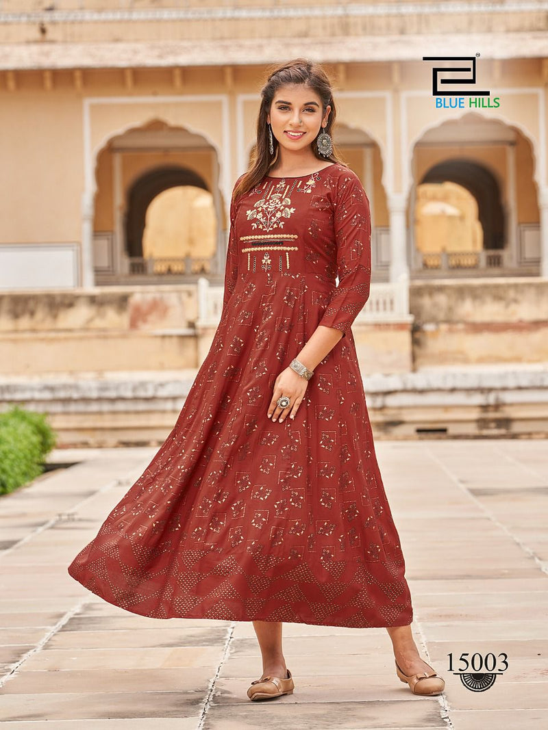 Blue Hills Up To Date Rayon With Embroidery Work Stylish Designer Fancy Long Kurti