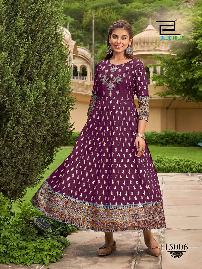 Blue Hills Up To Date Rayon With Embroidery Work Stylish Designer Fancy Long Kurti