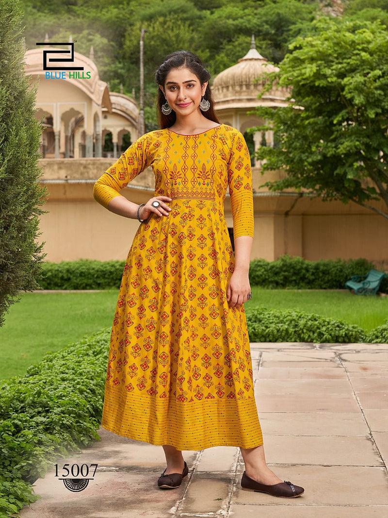 Blue Hills Up To Date Rayon With Embroidery Work Stylish Designer Fancy Long Kurti