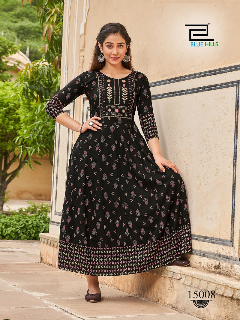 Blue Hills Up To Date Rayon With Embroidery Work Stylish Designer Fancy Long Kurti