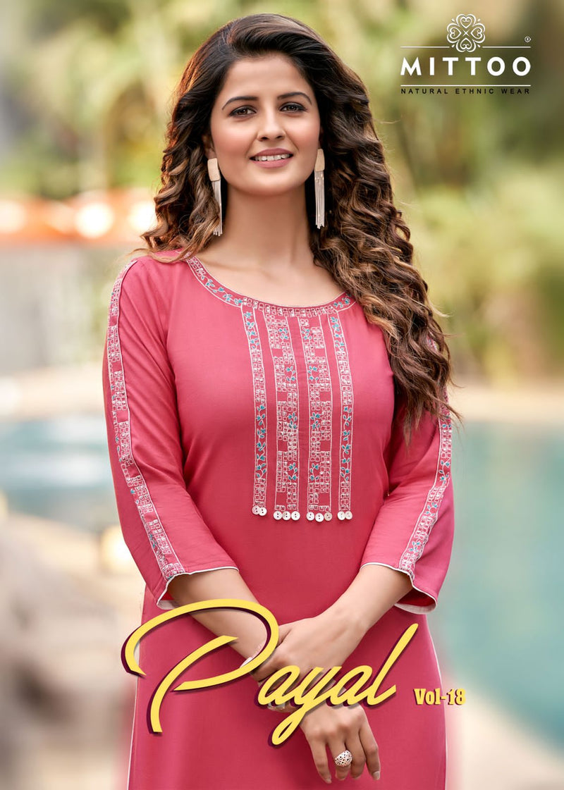 Mittoo Payal Vol 18 Rayon With Heavy Embroidery Work Sttylish Designer Fancy Look Kurti