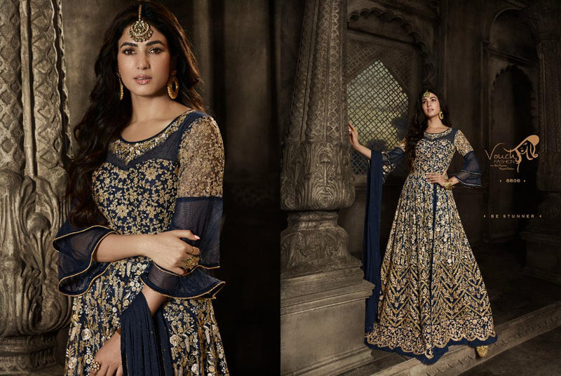 Vouch Fashion Moh Dno 8806 Net Stylish Designer Wedding Wear Long Graceful Look Gown