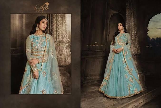 Vouch Fashion Moh Dno 8802 Net Stylish Designer Wedding Wear Long Graceful Look Gown