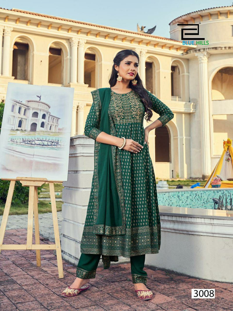 Blue Hills Dno 3001 To 3008 Rayon Embroidery With Mirror Work Stylish Designer Party Wear Long Kurti