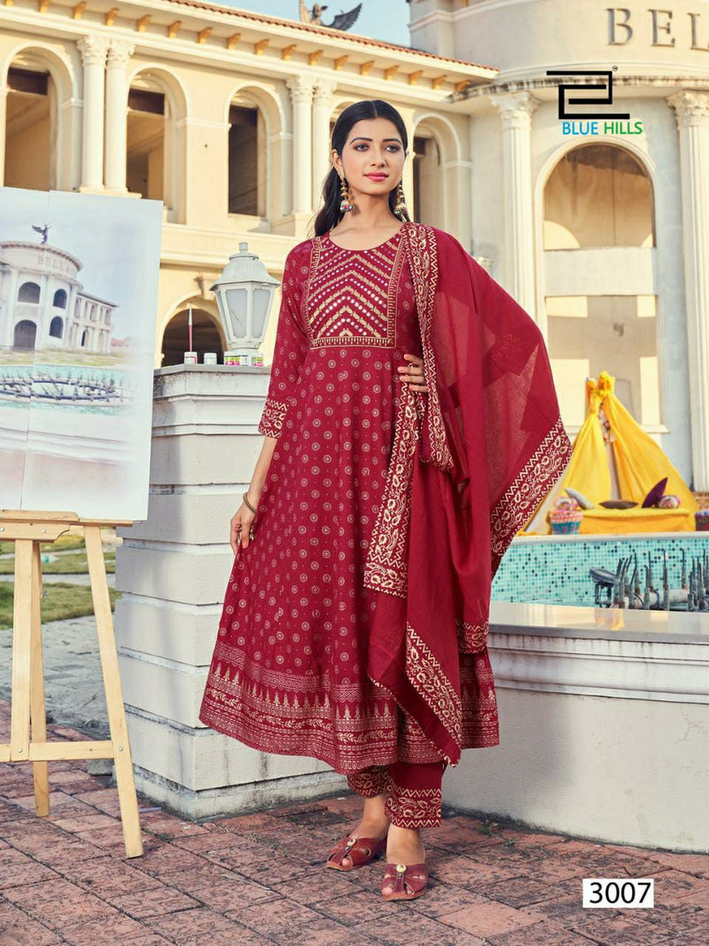 Blue Hills Dno 3001 To 3008 Rayon Embroidery With Mirror Work Stylish Designer Party Wear Long Kurti