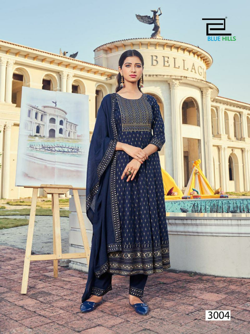 Blue Hills Dno 3001 To 3008 Rayon Embroidery With Mirror Work Stylish Designer Party Wear Long Kurti