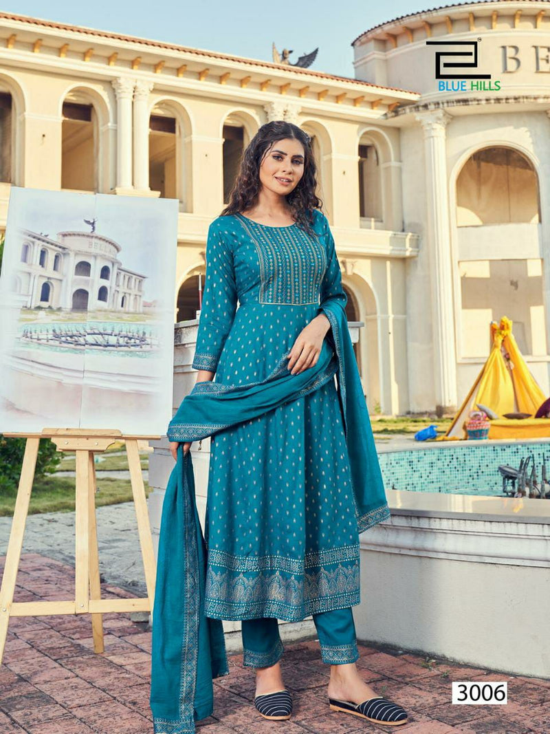 Blue Hills Dno 3001 To 3008 Rayon Embroidery With Mirror Work Stylish Designer Party Wear Long Kurti