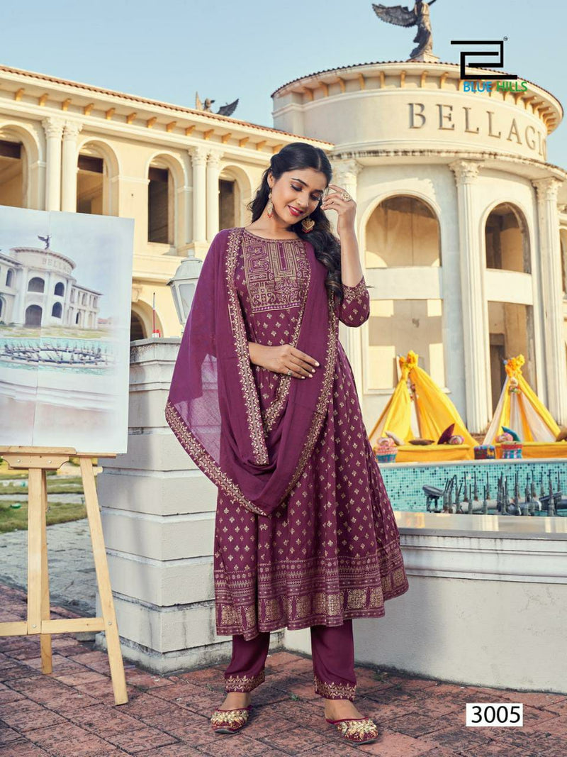 Blue Hills Dno 3001 To 3008 Rayon Embroidery With Mirror Work Stylish Designer Party Wear Long Kurti