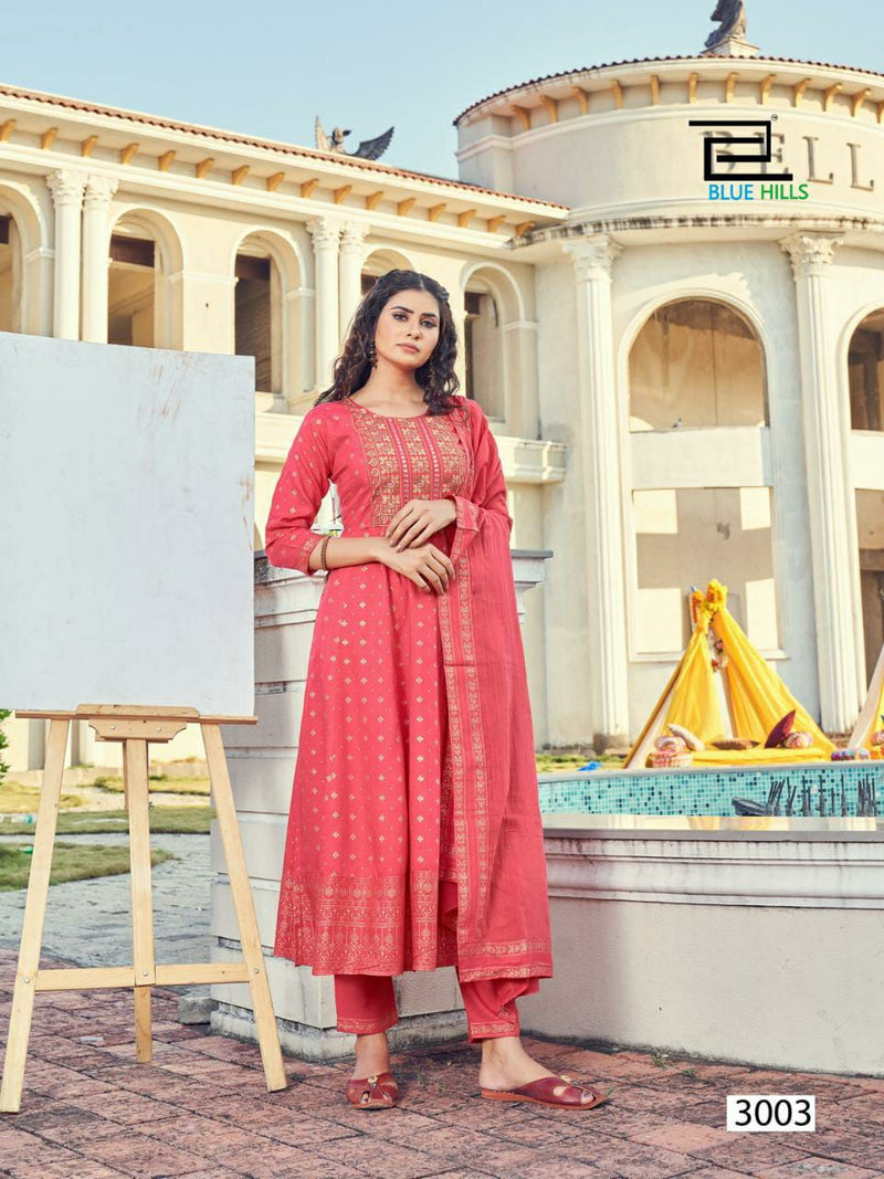 Blue Hills Dno 3001 To 3008 Rayon Embroidery With Mirror Work Stylish Designer Party Wear Long Kurti