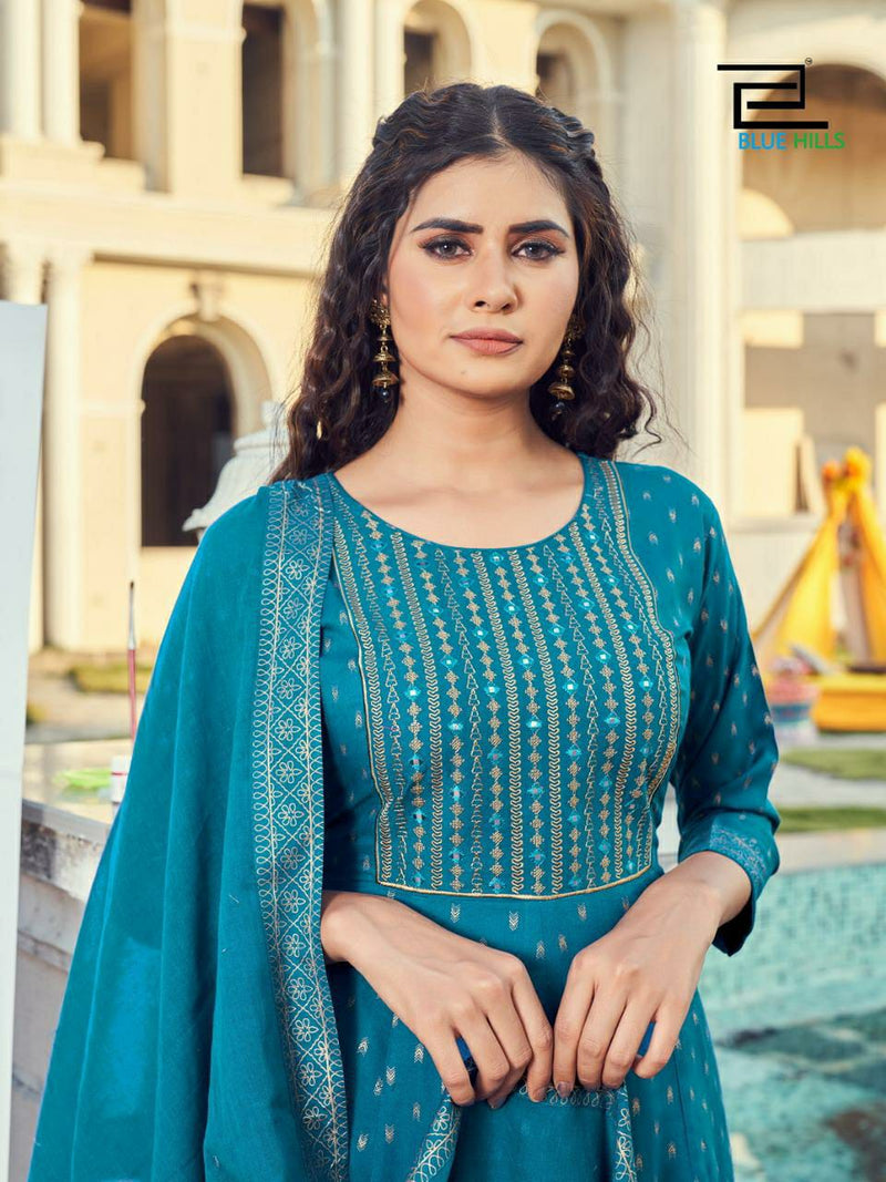Blue Hills Dno 3001 To 3008 Rayon Embroidery With Mirror Work Stylish Designer Party Wear Long Kurti