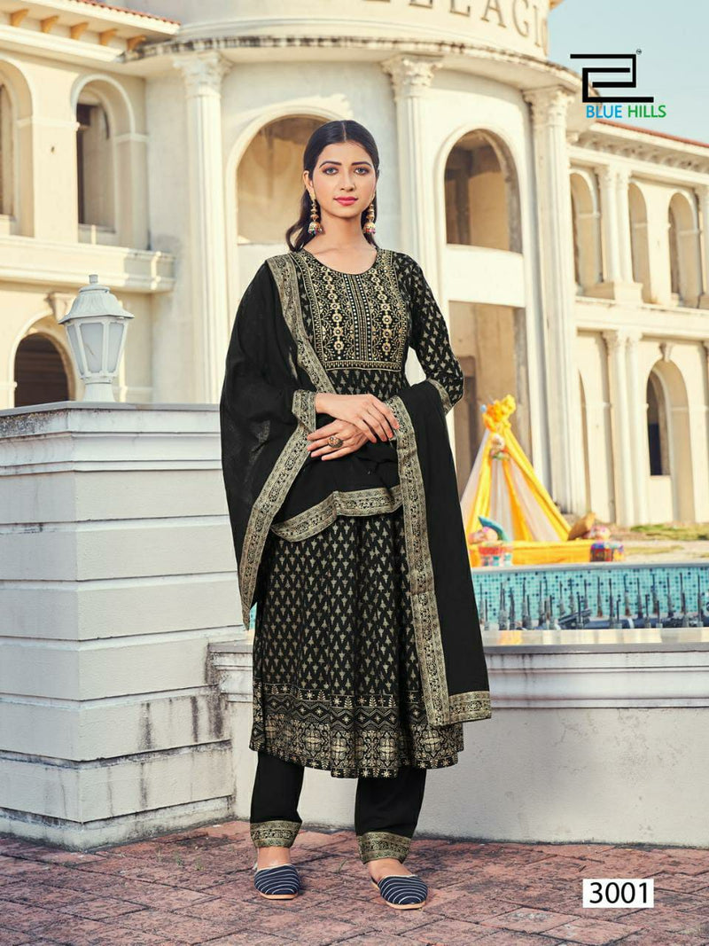 Blue Hills Dno 3001 To 3008 Rayon Embroidery With Mirror Work Stylish Designer Party Wear Long Kurti