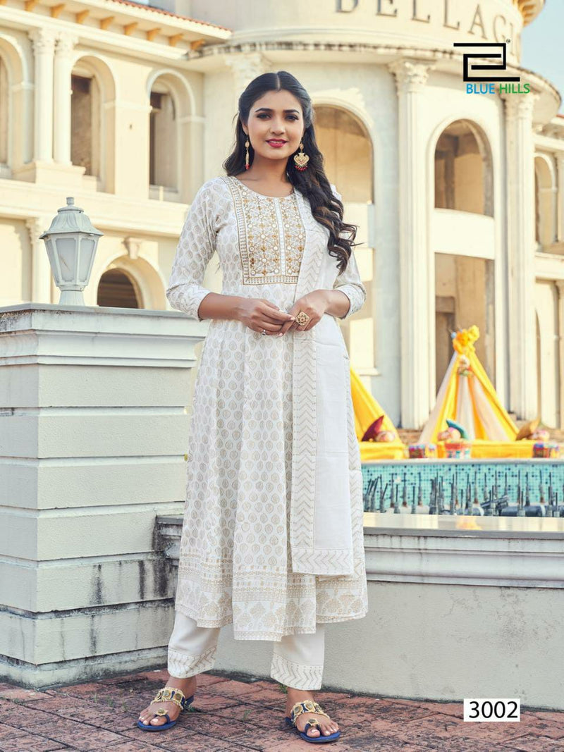 Blue Hills Dno 3001 To 3008 Rayon Embroidery With Mirror Work Stylish Designer Party Wear Long Kurti