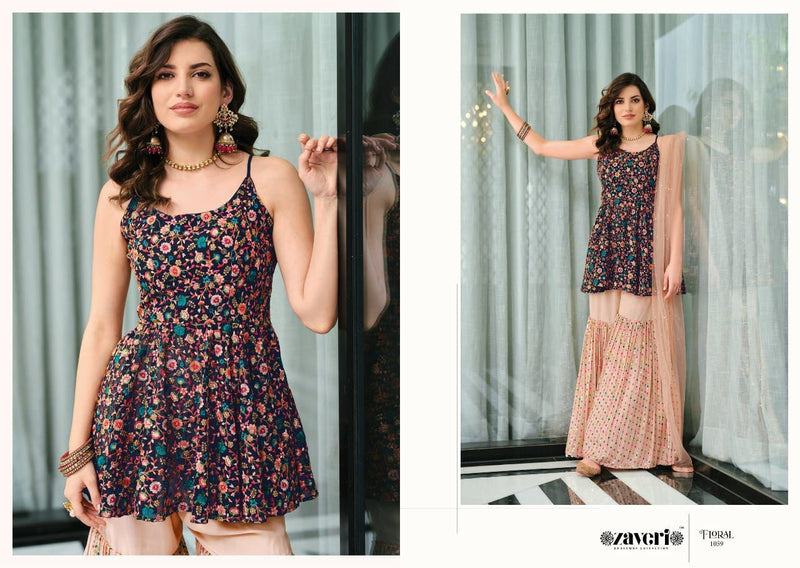 Zaveri Floral Georgette With Heavy Embroidery Work Stylish Designer Indo Western Kurti