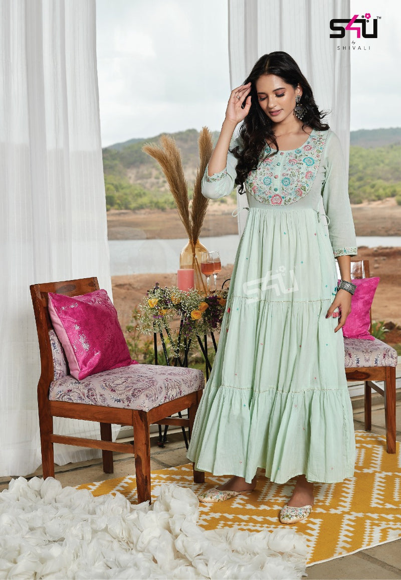 S4u Shivali Mul Mul Pure Cotton Stylish Designer Party Wear Long Fancy Kurti