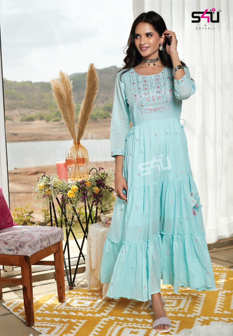 S4u Shivali Mul Mul Pure Cotton Stylish Designer Party Wear Long Fancy Kurti