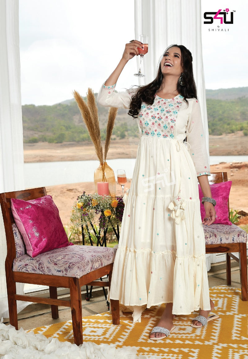 S4u Shivali Mul Mul Pure Cotton Stylish Designer Party Wear Long Fancy Kurti