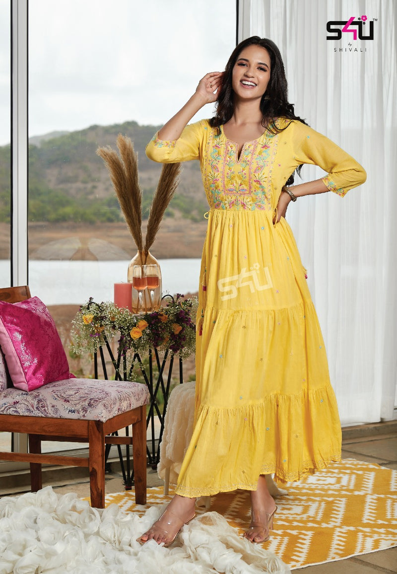 S4u Shivali Mul Mul Pure Cotton Stylish Designer Party Wear Long Fancy Kurti