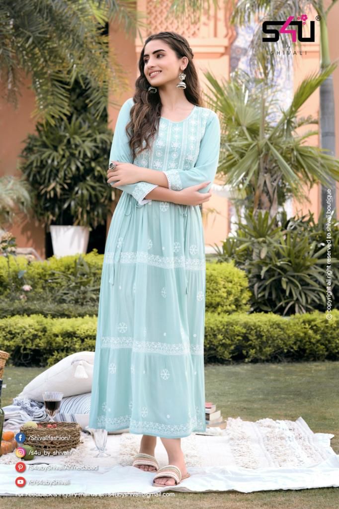 S4u Shivali Luckhnowi Viscose Rayon Stylish Designer Casual Wear Long Fancy Kurti