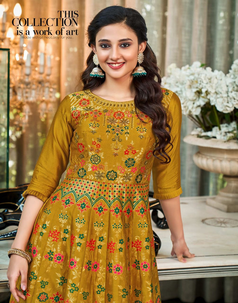 Anju Fabs Phulkari Jacquard Silk With Fancy Hand Work Stylish Designer Casual Look Festive Wear Kurti