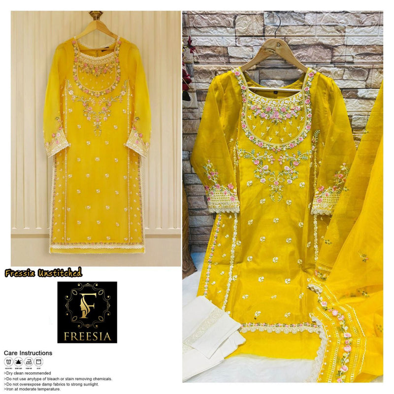 Freesia Designs Haldi Function Special Organza With Heavy Embroidery And GPO Lace Work On Daman And Sleeves Salwar Kameez