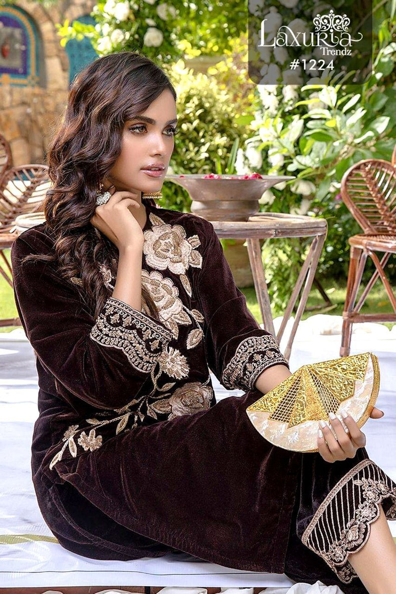 Laxuria Trendz Dno 1224 Velvet With Embroidery Work Stylish Designer Fancy Look Kurti