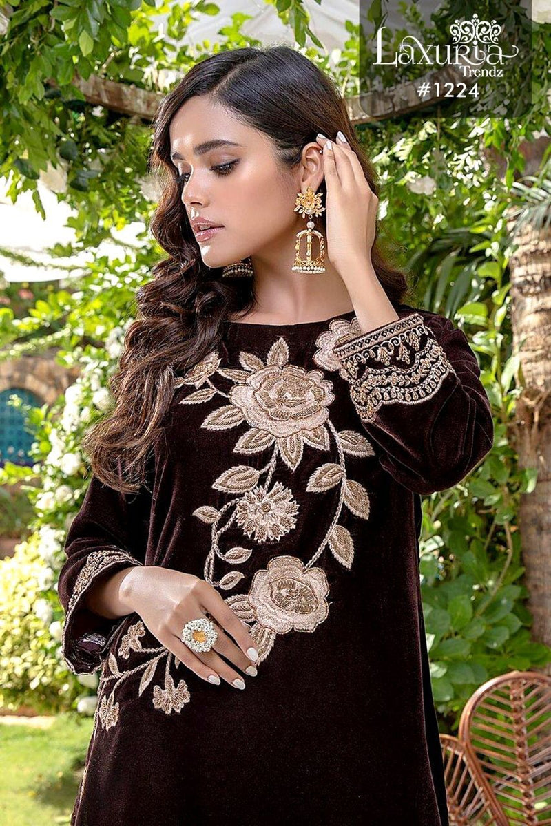 Laxuria Trendz Dno 1224 Velvet With Embroidery Work Stylish Designer Fancy Look Kurti