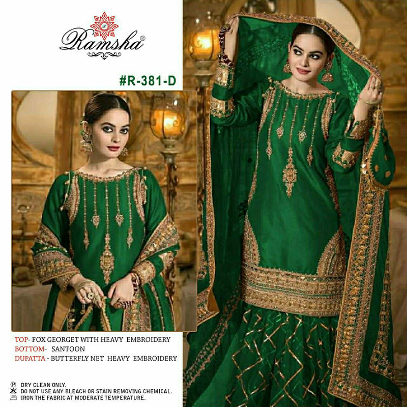 Ramsha Dno R 381 Georgette With Beautiful Heavy Embroidery work Stylish Designer Wedding Salwar Kameez