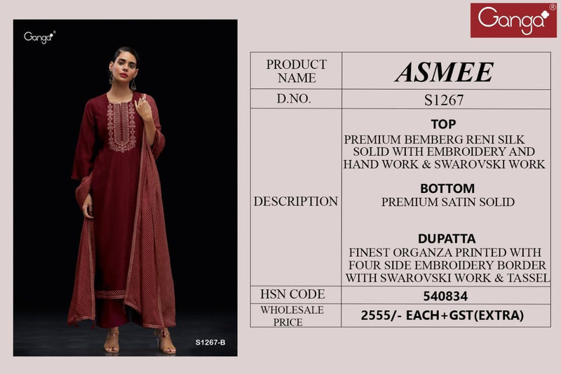 Ganga Dno 1267 Bemberg Reni Silk With BEautiful Work Stylish Designer Fancy Salwar Suit