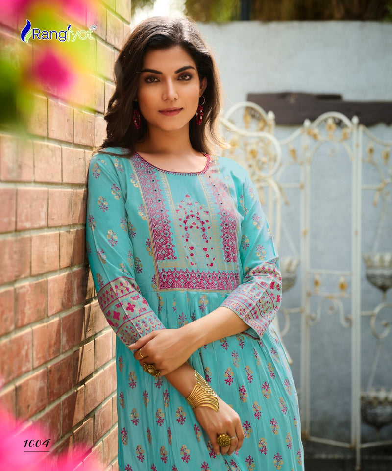 Rangjyot Saarvi Vol-1 Rayon With Foil Printed Work Stylish Designer Attractive Look Fancy Kurti