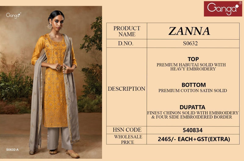 Ganga Zanna 632 Premium Habutai Silk With Heavy Embroidery Party Wear Salwar Kameez