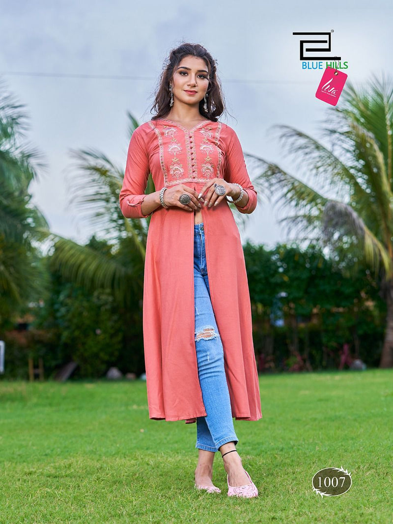Blue Hills Zara Rayon With heavy Embroidery Work Stylish Designer Party Wear Fancy Long Kurti