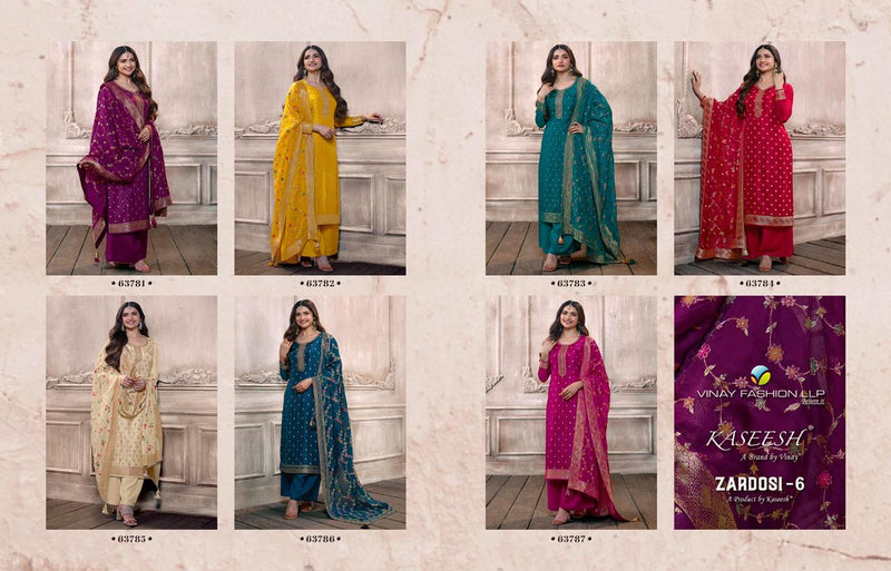 Vinay Fashion Kaseesh Zardosi Vol 6 Embroidery Double Zari Dola Jacquard Self Weaved Fancy Designer Partywear Salwar Suit