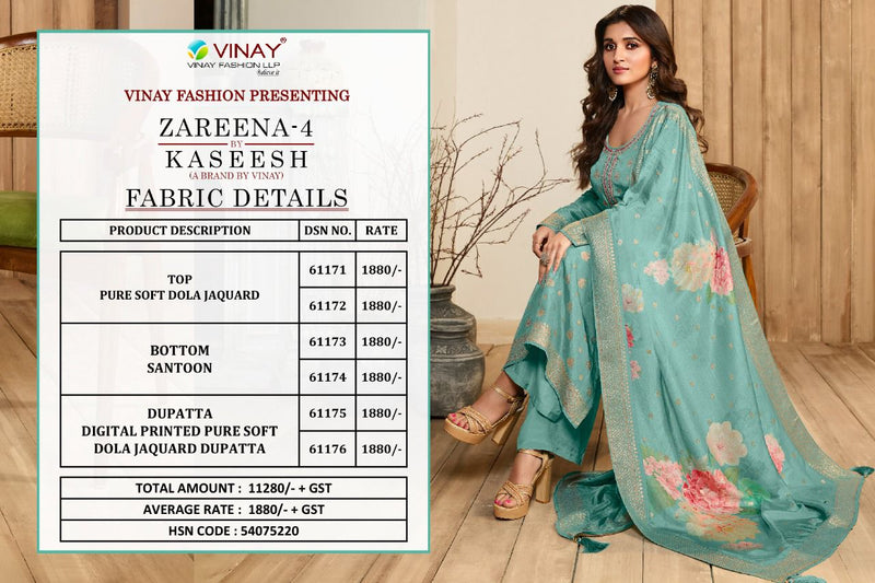 Vinay Fashion Kaseesh  Vol 4 Dola Jacquard With Heavy Embroidery Work Stylish Designer Party wear Salwar Suit