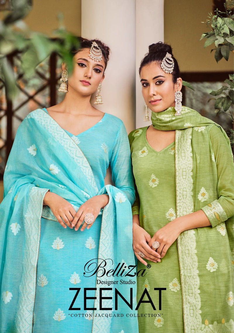 Belliza Designer Studio Zeenat Pure Cotton Exclusive Weaving Jacquard Heavy Swarovski Pearl Lace Fancy Designer Wear Salwar Suit