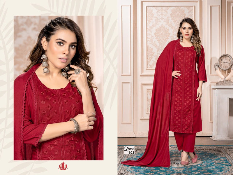 Trendy Zena Rayon With Heavy Embroidery Work Stylish Designer Fancy Look Salwar Kameez