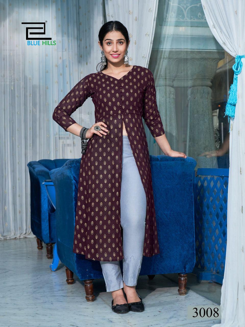 Blue Hills Zia Vol 3 Rayon With Foil Printed Work Stylish Designer Fancy Long Kurti
