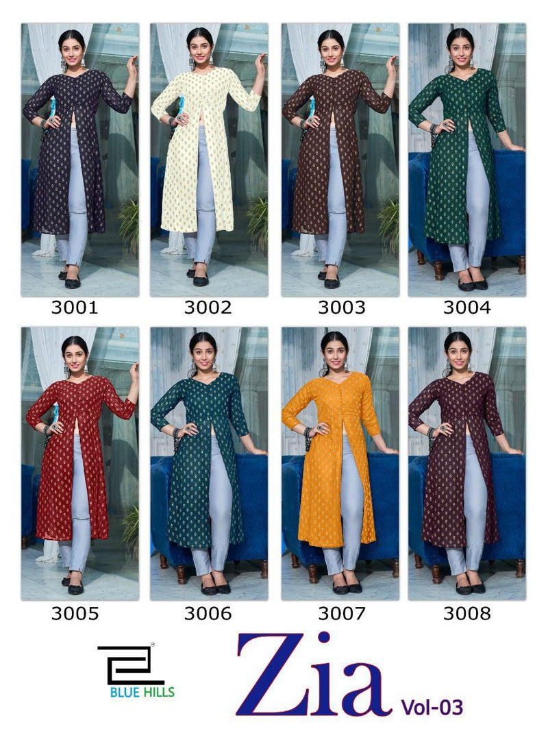 Blue Hills Zia Vol 3 Rayon With Foil Printed Work Stylish Designer Fancy Long Kurti