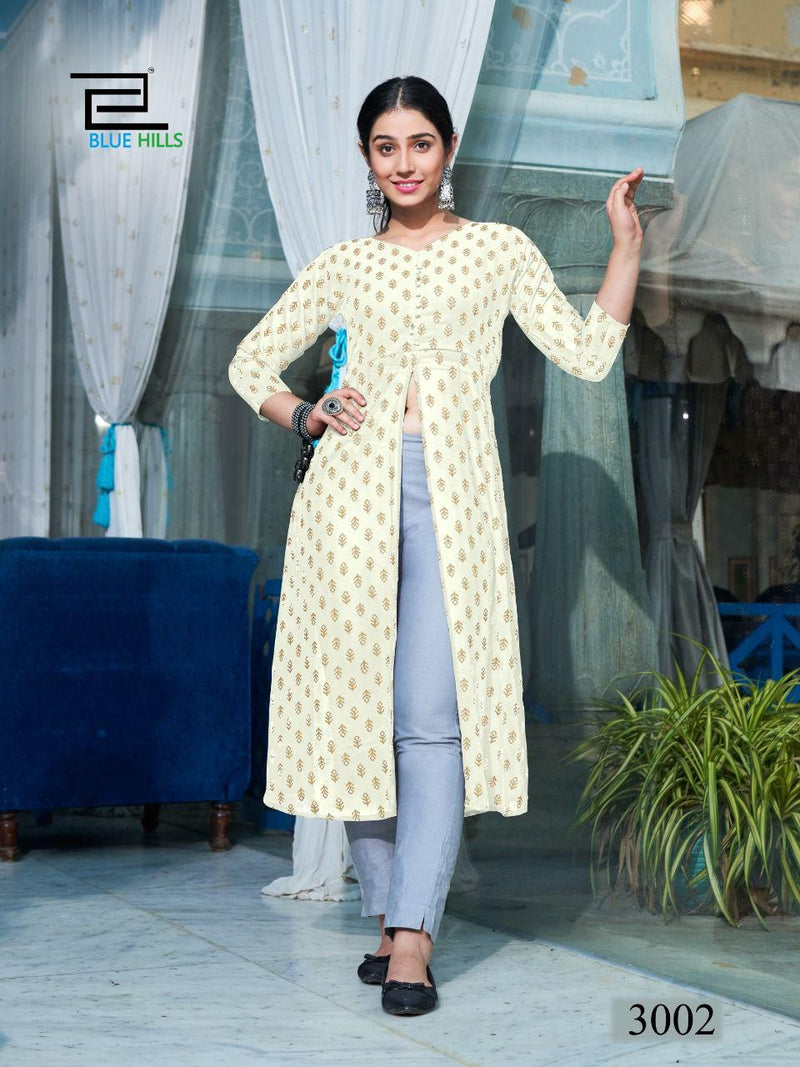 Blue Hills Zia Vol 3 Rayon With Foil Printed Work Stylish Designer Fancy Long Kurti