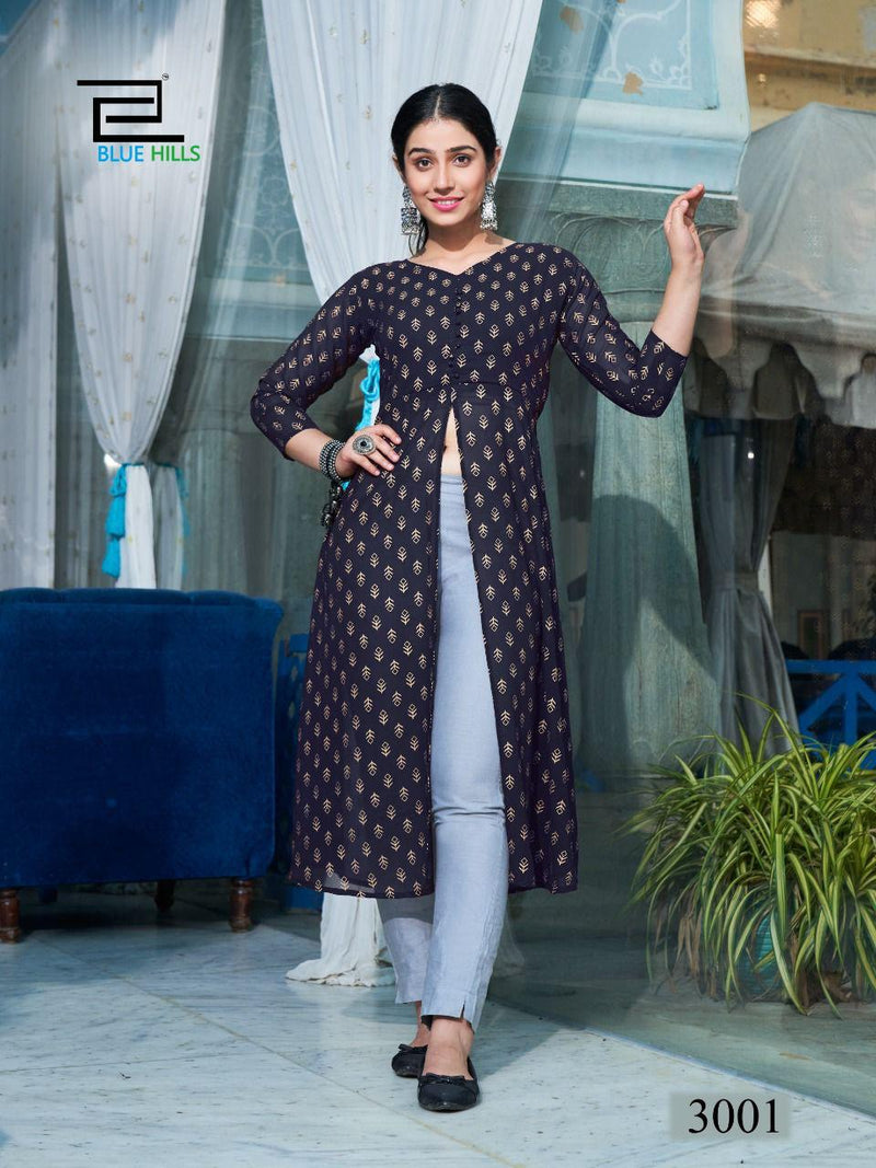 Blue Hills Zia Vol 3 Rayon With Foil Printed Work Stylish Designer Fancy Long Kurti